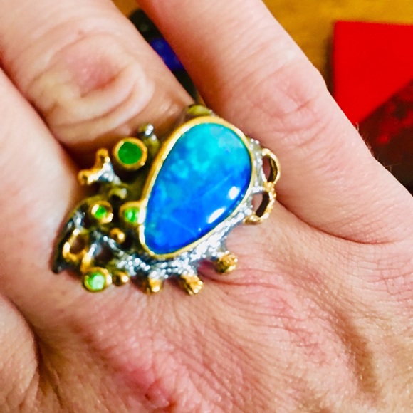 18k Blue ring with green stones - Picture 6 of 6